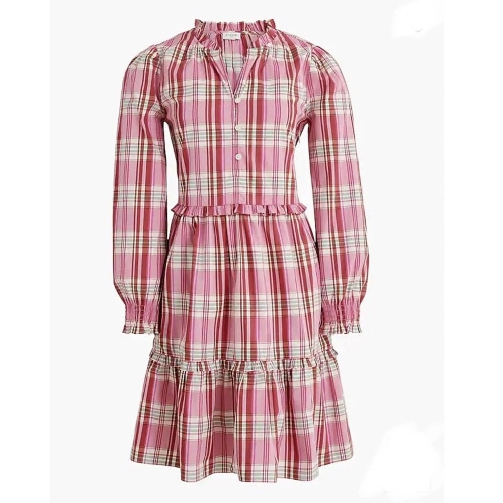 J Crew Pink and Green Plaid Tiered Ruffle Trim Long Sleeve Mini Dress Size 2